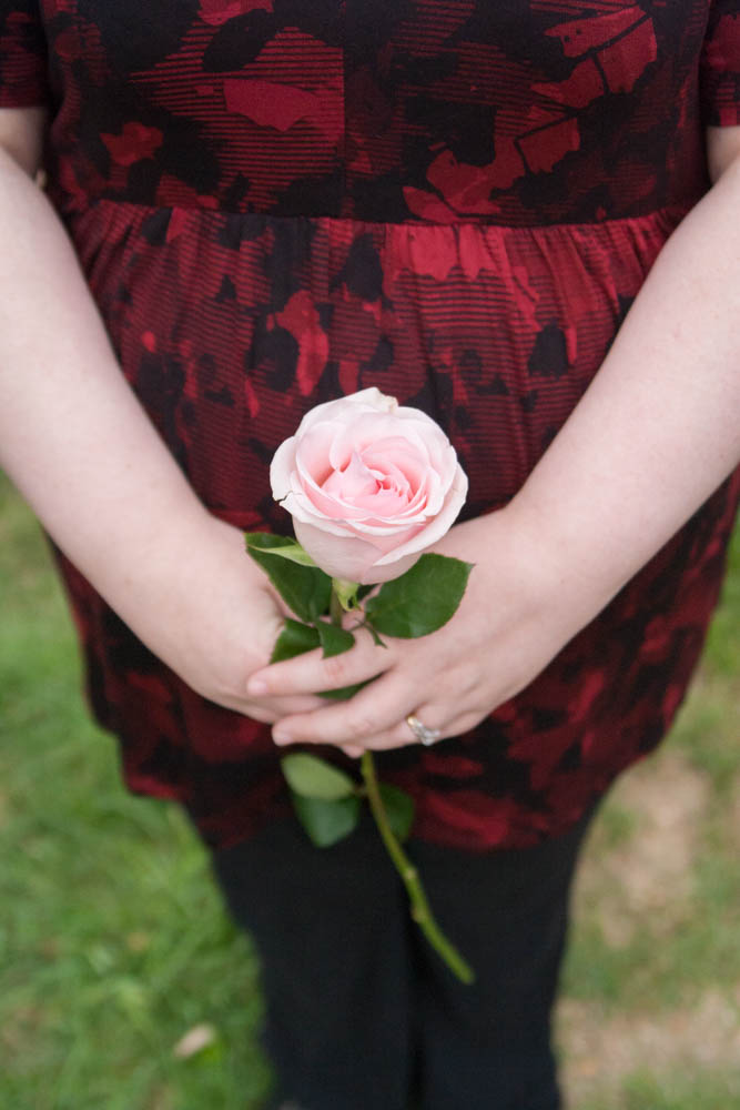 pink rose held by pregnant woman